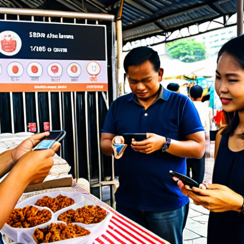 Home 6 **A diverse group of Malaysians using smartphones for cashless payments at a bustling street food market ("pasar malam") in Kuala Lumpur. Focus on the ease and convenience of e-wallets, with vendors displaying QR codes and customers making quick transactions.**
