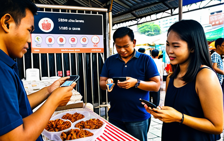 **A diverse group of Malaysians using smartphones for cashless payments at a bustling street food market ("pasar malam") in Kuala Lumpur. Focus on the ease and convenience of e-wallets, with vendors displaying QR codes and customers making quick transactions.**