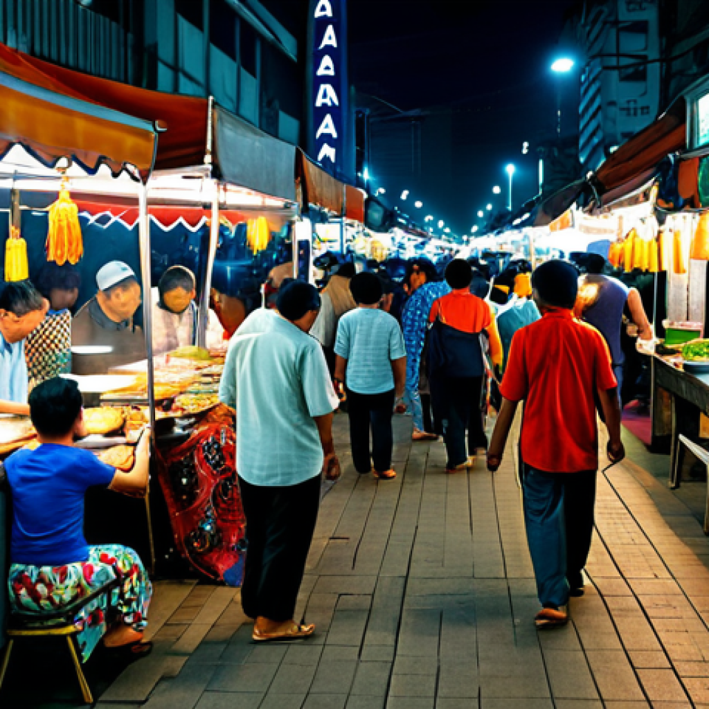 주식 시장 분석 AI 기술 - **Prompt:** A bustling scene at a pasar malam (night market) in Kuala Lumpur, Malaysia. Vendors are ...
