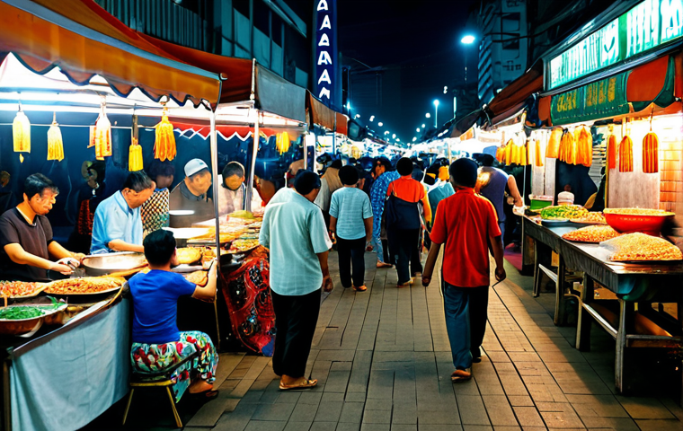 주식 시장 분석 AI 기술 - **Prompt:** A bustling scene at a pasar malam (night market) in Kuala Lumpur, Malaysia. Vendors are ...